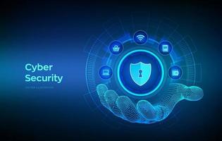 cyber-security-data-protection-business-concept-on-virtual-screen-shield-protect-icon-in-wireframe-robotic-hand-antivirus-interface-illustration-vector